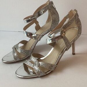 MARC FISHER Sparkly Silver Stilleto Heel Dressy Sandal with Back Zip Ope…